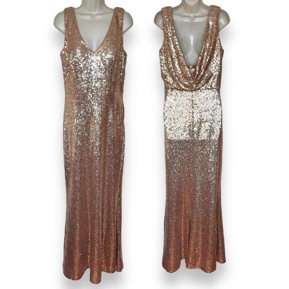 Revelry Dakota Rose Gold Sequin Gown V Neck Draped Scoop Open Back Women 16 - Picture 1 of 16